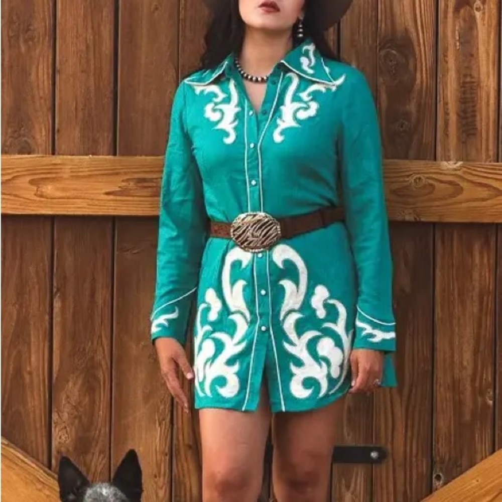 Lucky & Blessed Teal Embroidered Mini Dress
